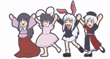 a group of cartoon characters are dancing together with their arms in the air