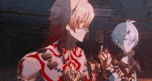 two anime characters are standing next to each other and one has a tattoo on his chest that says ' s ' on it
