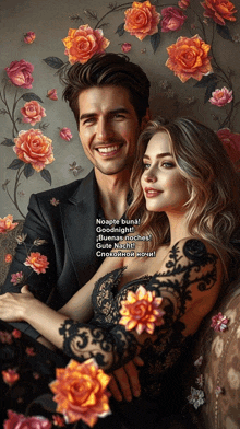 a man and a woman are sitting on a couch with flowers in the background