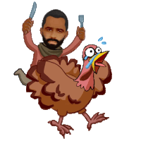 a cartoon of a man holding a knife and fork while riding a turkey