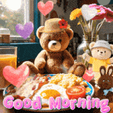 a teddy bear wearing a straw hat sits on a plate of food with the words " good morning " below it