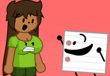 a cartoon character with an angry face is standing next to a piece of paper