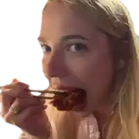 a woman eating a piece of meat with chopsticks and a white background