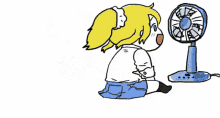 a cartoon girl is sitting next to a fan