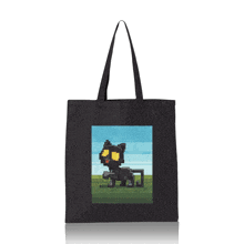 a black tote bag with a pixel art of a duck