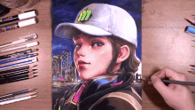 a drawing of a girl wearing a hat with the letter m on the front