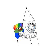 a cartoon of a sad clown with a rainbow clown on his back