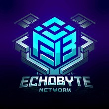 a logo for echobyte network with a blue cube in the middle
