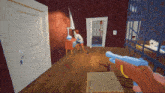 a person is holding a blue toy gun in a video game
