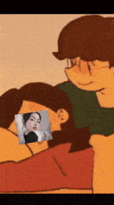 a cartoon of a man holding a woman 's head with a picture of a woman 's face on it