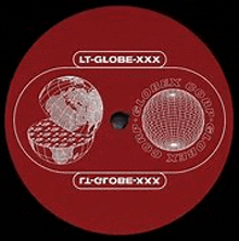 a red record label with two globes on it