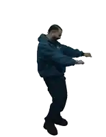 a man in a blue jacket is dancing with a white background