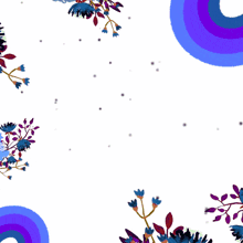 a purple square with arabic writing on it is surrounded by blue circles and flowers