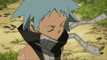 a cartoon character with blue hair and a black scarf around his neck