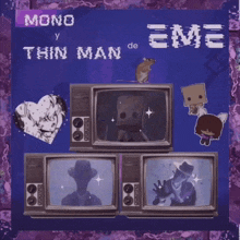 a poster for mono y thin man de eme has a purple background