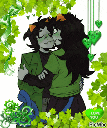 a picture of two girls hugging with a green heart that says i love you picmix
