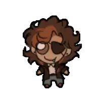 a cartoon character with brown hair and glasses is wearing a brown jacket and pants .