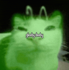 a green cat with the word gleeby deeby written on it