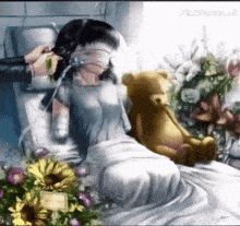 a painting of a woman in a hospital bed with a teddy bear and flowers