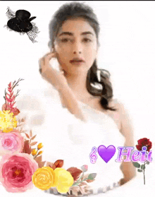 a woman in a white dress is surrounded by flowers and a purple heart that says " her "
