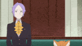 a man with purple hair and a yellow bow tie