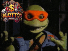 a teenage mutant ninja turtle is standing in front of a lotto memecoin logo