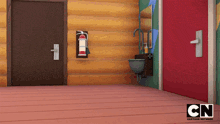 a room with a fire extinguisher on the wall and cn cartoon network written on the floor