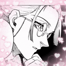 a black and white drawing of a person with glasses