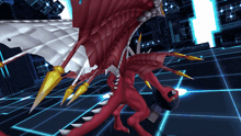 a red dragon with white wings and yellow claws is in a dark room
