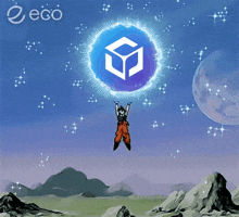 a cartoon character is flying through the air holding a cube shaped object
