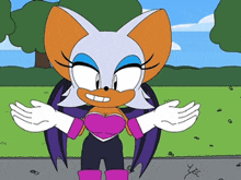 a cartoon drawing of rouge the bat standing in a park with her arms outstretched