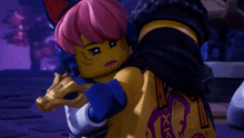 a cartoon character with headphones and pink hair is being held by a man