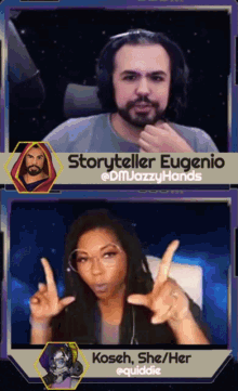 a man and a woman are sitting in front of a screen that says storyteller eugenio @dm jazzy hands