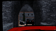 a black jeep is parked in front of a stone wall and says howitzer - ciao!