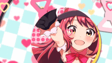 a girl with pink hair is wearing a hat and a bow