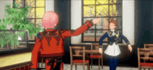two anime characters are standing in a room with chairs and tables .