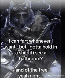 a picture of a wolf on a motorcycle with the caption " i can fart whenever i want but i gotta hold in "