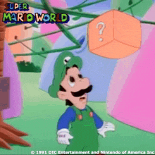 a cartoon of mario holding a balloon that says super mario world on it