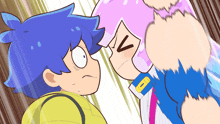 a cartoon drawing of a boy and a girl looking at each other with a v on their face