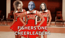 three cheerleaders with fishers one cheerleaders written on the front