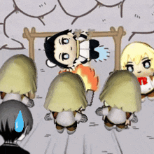 a group of cartoon characters are playing a game and one of them has a red bow on her shirt