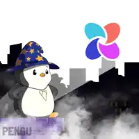 a penguin wearing a wizard hat is standing on a brick wall with the word pengu on the bottom right