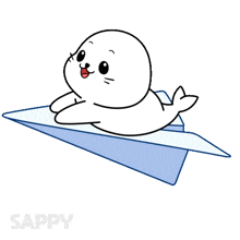 an illustration of a seal flying on a paper airplane with the word sappy below it