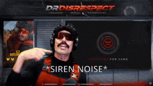 a man wearing sunglasses and a wig is standing in front of a drdisrespect banner