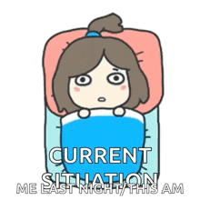 a cartoon girl is laying in bed with the words current situation me last night this am