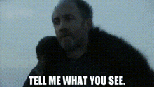 a man with a beard is standing in front of a blue background and says `` tell me what you see '' .