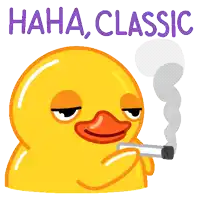 a sticker of a duck smoking a cigarette with the words haha classic above it