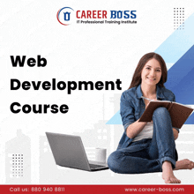 an advertisement for a web development course with a woman sitting on the floor in front of a laptop computer