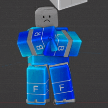 a blue robot with the word front on his shirt