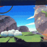 a computer screen shows a cartoon scene with eggs and a blue sky